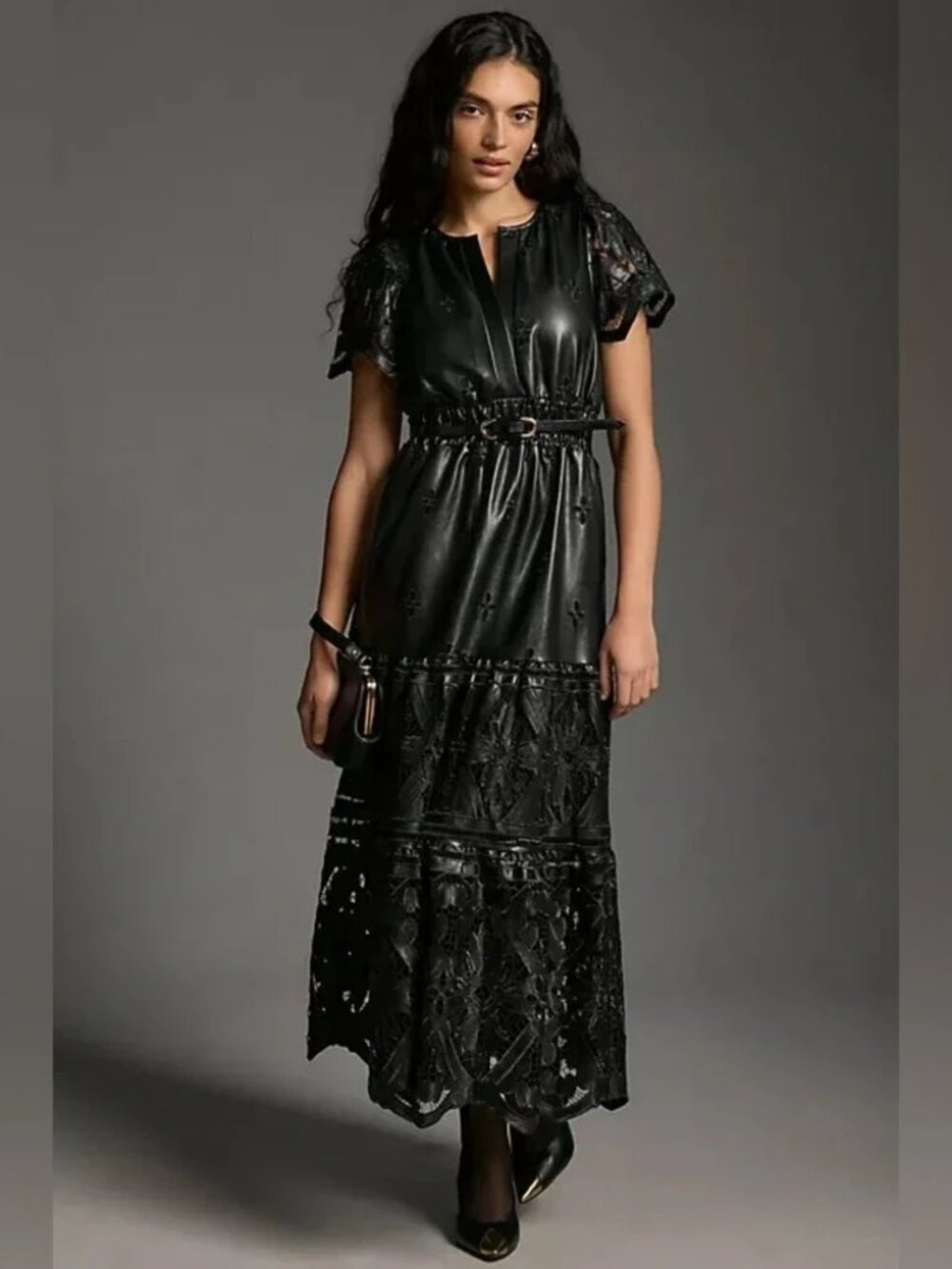 Anthropologie Somerset Maxi Dress Faux Leather Embroidered Black Size Small